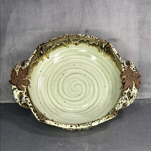 Alewine Pottery Handmade Cream Brown Casserole Dish Leaf Handles Signed USA
